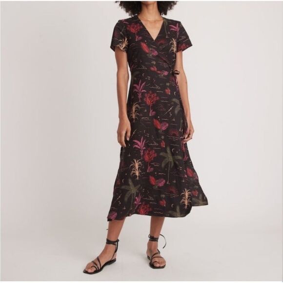 MARINE LAYER XL Emyln Midi Wrap Dress Black Beach Wizard Print Hemp Blend - Picture 1 of 5